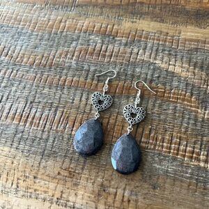 Handmade Faceted Black Teardrop & Silver Heart Dangle Earrings | Hypoallergenic